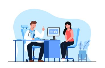 Hospital service concept flat vector illustration. The doctor examines, advises and dispenses medications to patients in the hospital examination room.